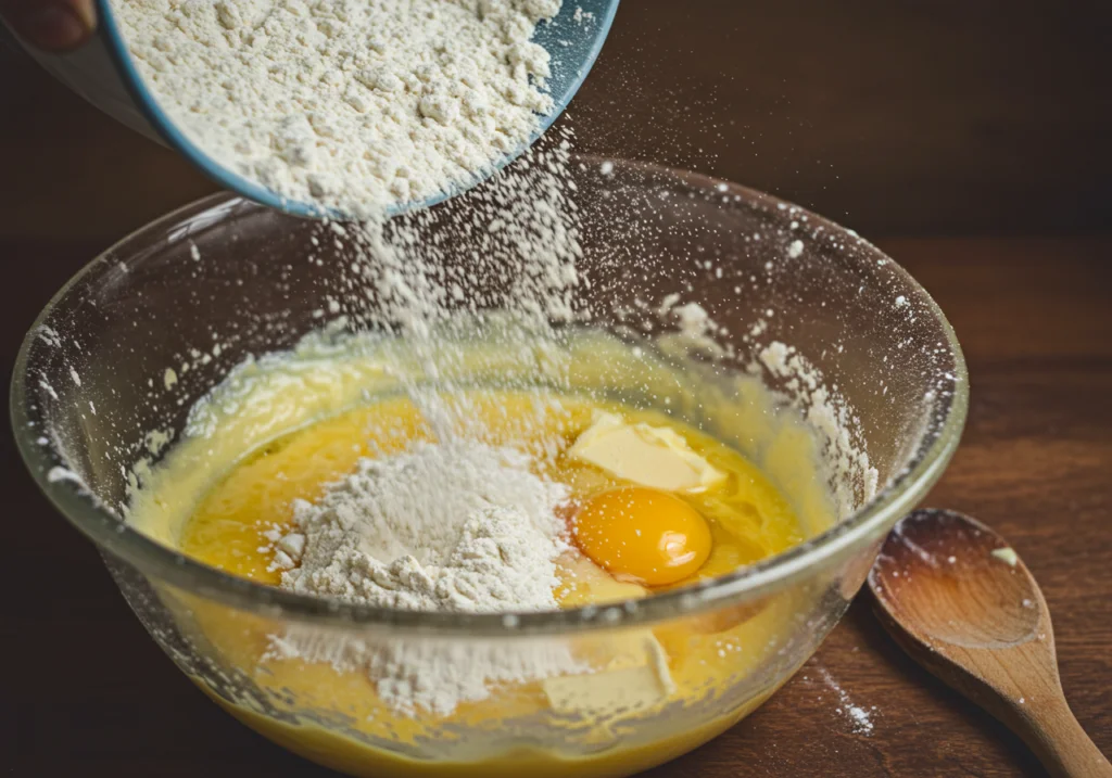 Mehlmischung wird in die Schüssel für den Saftigen Friss-Dich-Dumm Kuchen gegossen.