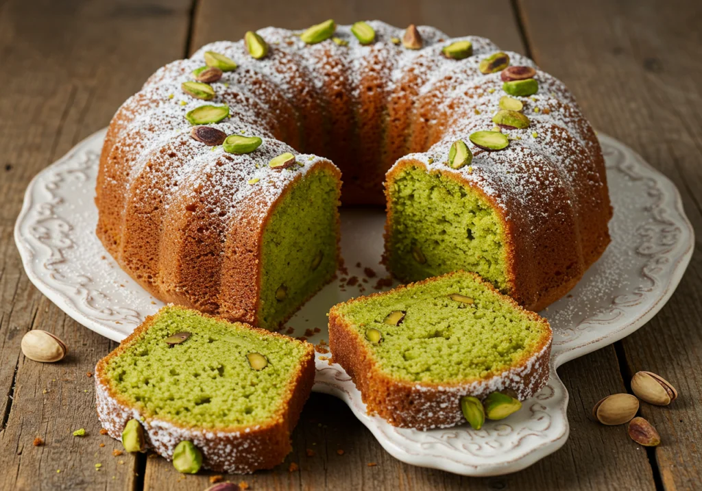 Fertiger Saftiger Pistazienkuchen, dekoriert mit Pistazien und Puderzucker, bereit zum Servieren.