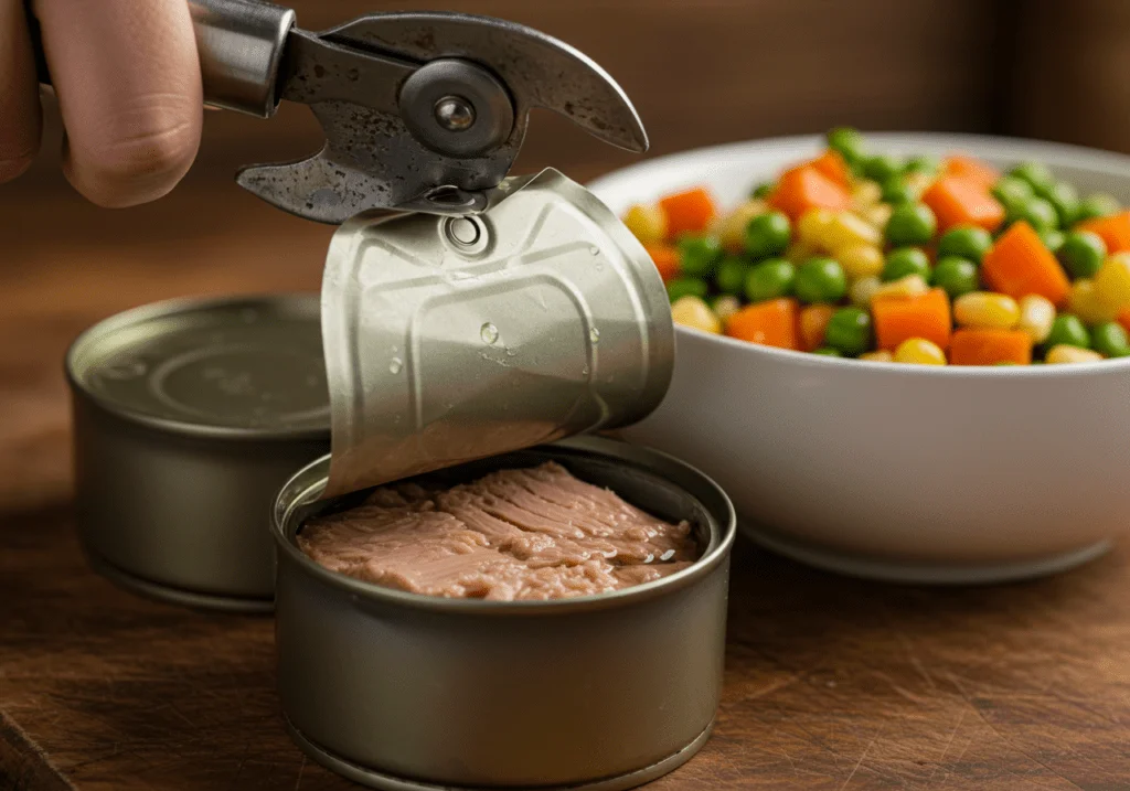 Opened tuna can for Schichtsalat mit Thunfisch und Gemüse with vegetables nearby.