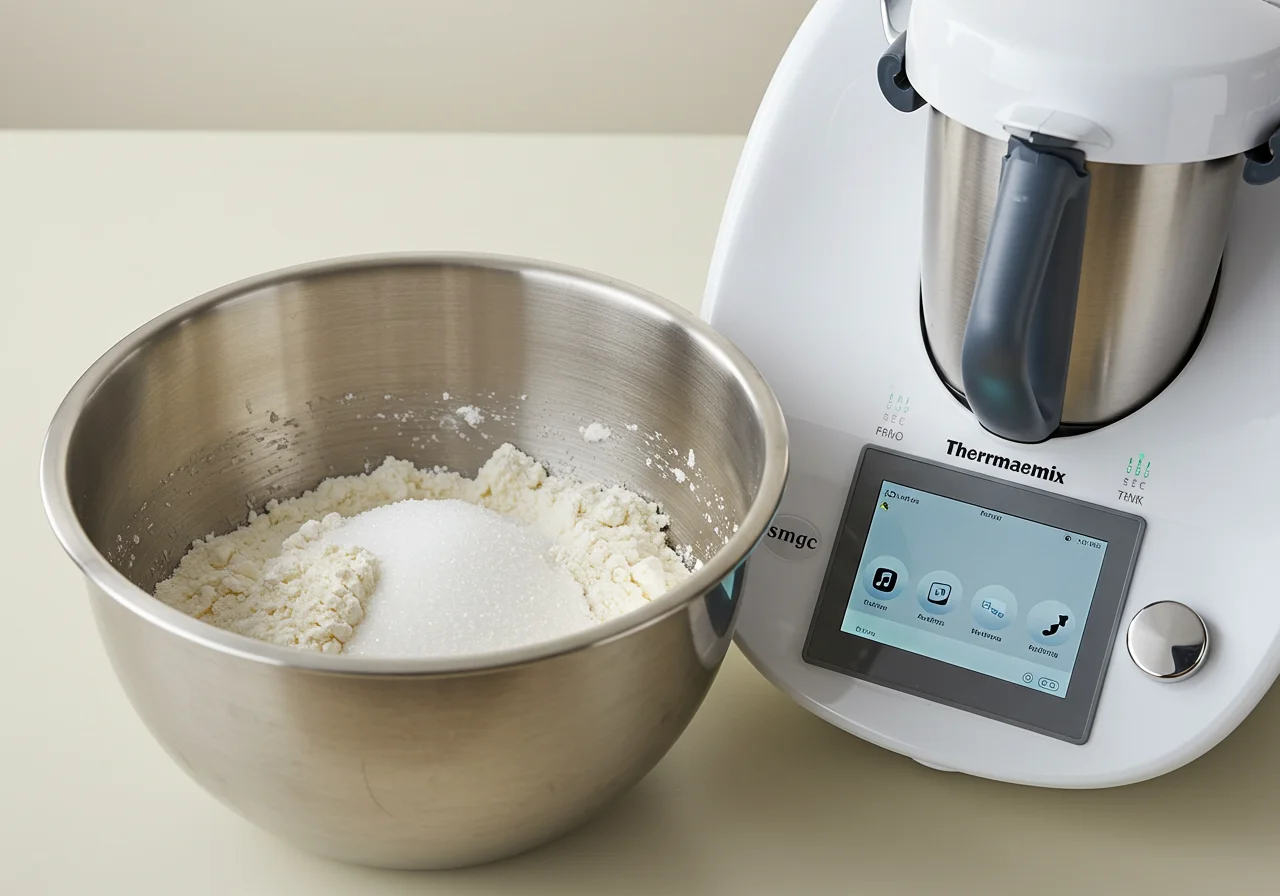 Zutaten für einen schnellen Kuchen mit Thermomix, einschließlich Mehl und Zucker.