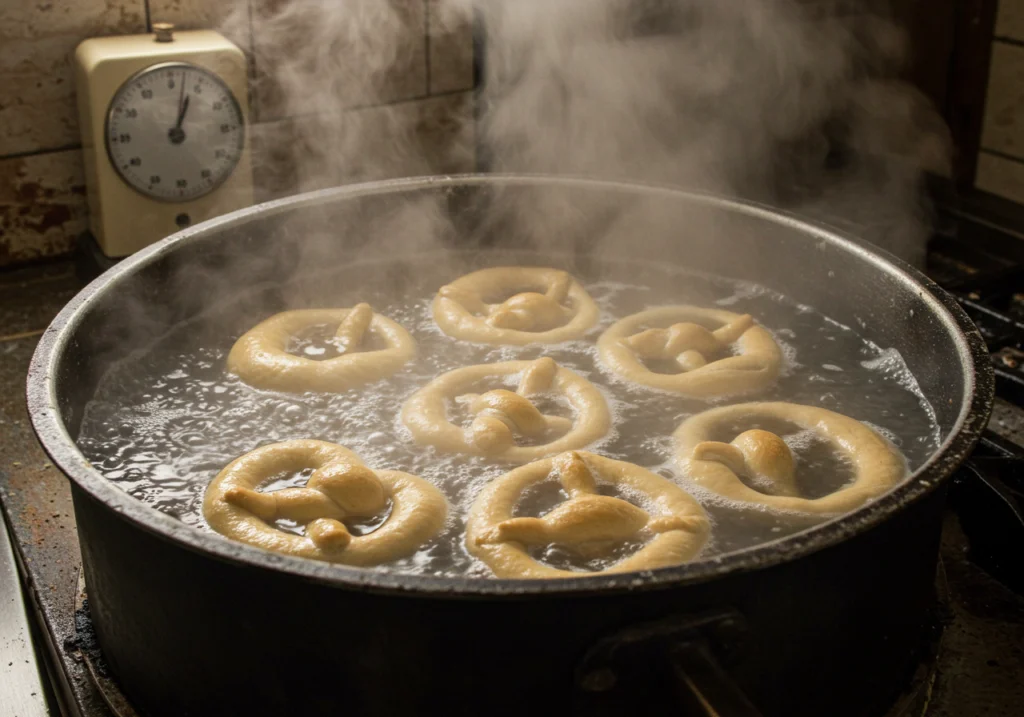 Schokoladenbrezeln werden in kochendem Wasser für das Schoko-Brezel-Rezept eingeweicht.