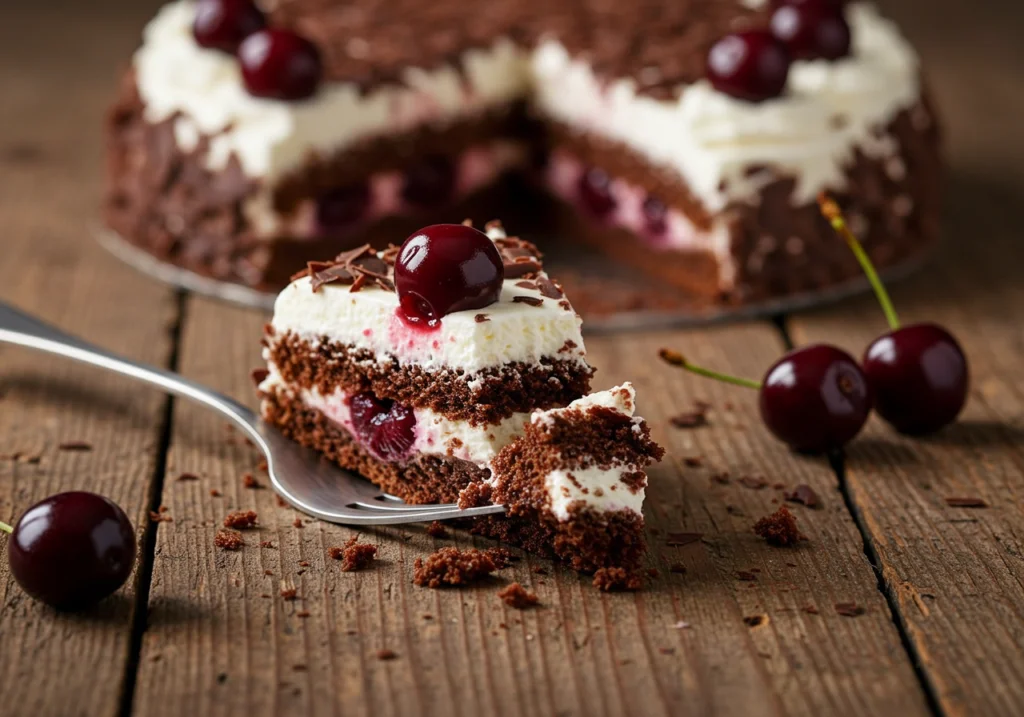 Ein Stück Schwarzwälder Kirschtorte, perfekt für die Präsentation und Genuss.