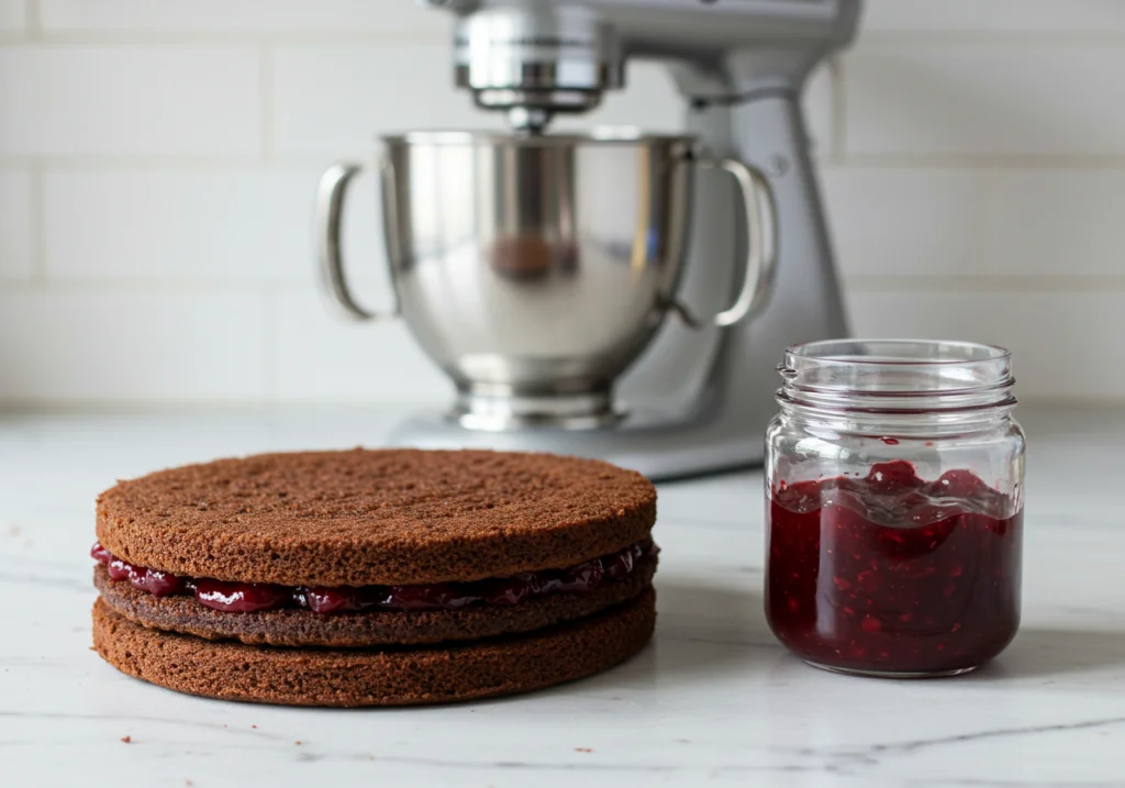 Schichten des Schokoladenkuchens, bereit für die Füllung mit Kirschen für die Schwarzwälder Kirschtorte.