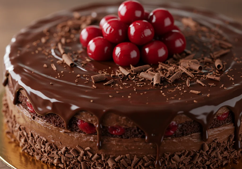 Fertige Schwarzwälder Kirschtorte mit Schokoladenganache und Kirschen.