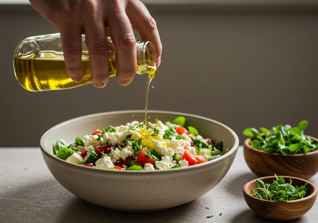 Olivenöl und Zitronensaft werden über den Hüttenkäse Salat gegossen.