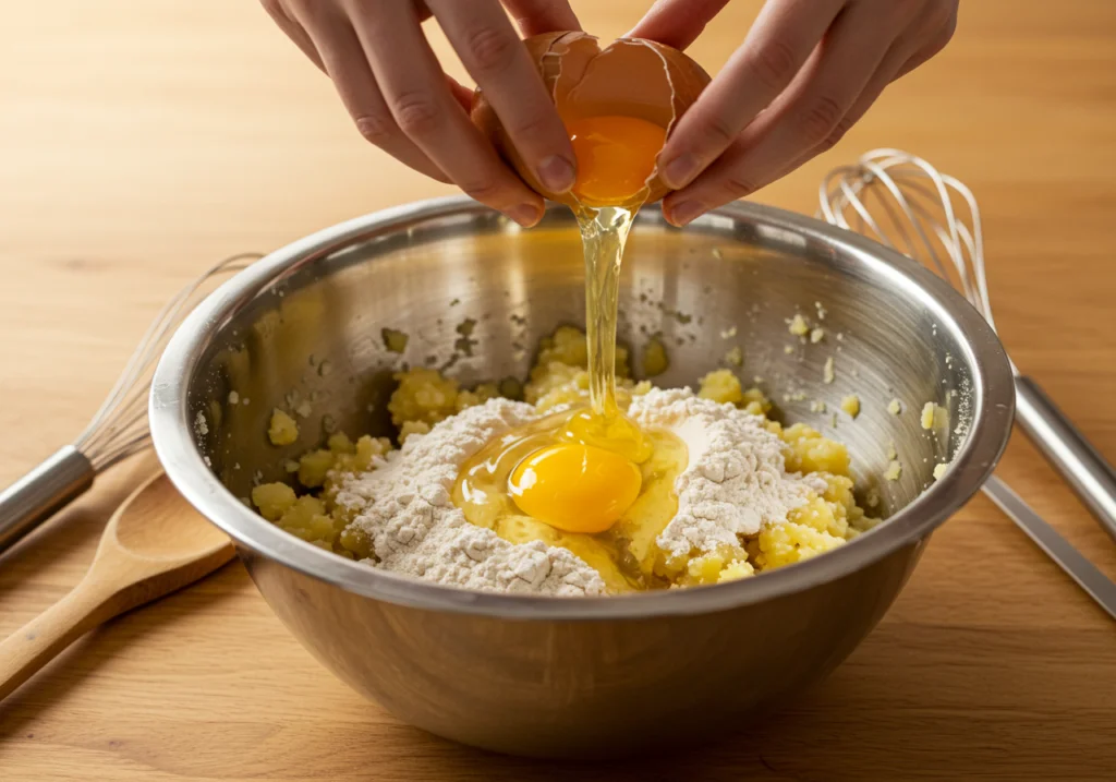 Kombination von gekochten Kartoffeln und Mehl zur Zubereitung des Knödelteigs für Spinat-Knödel.