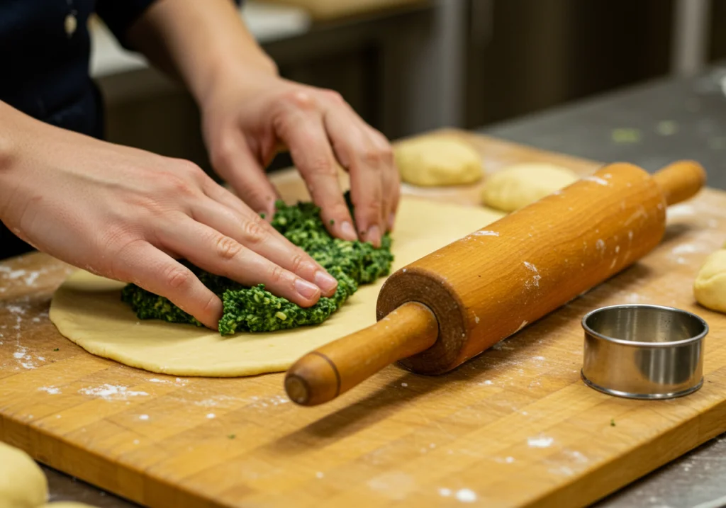 Der Spinat wird in den Knödelteig eingearbeitet für Spinat-Knödel.