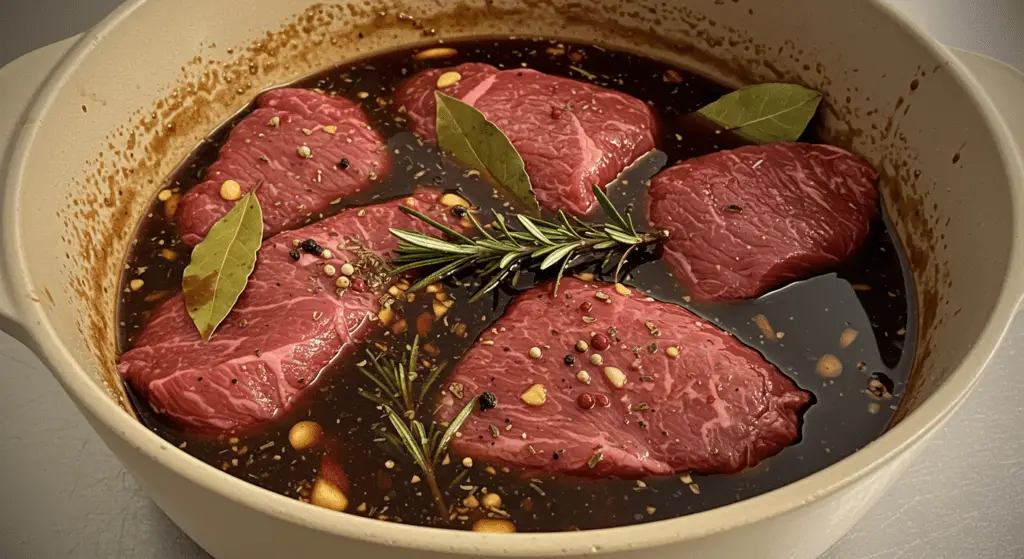 Beef fillets marinating in red wine and vinegar for Zartes Sauerbratenfilet mit Rotweinsoße.