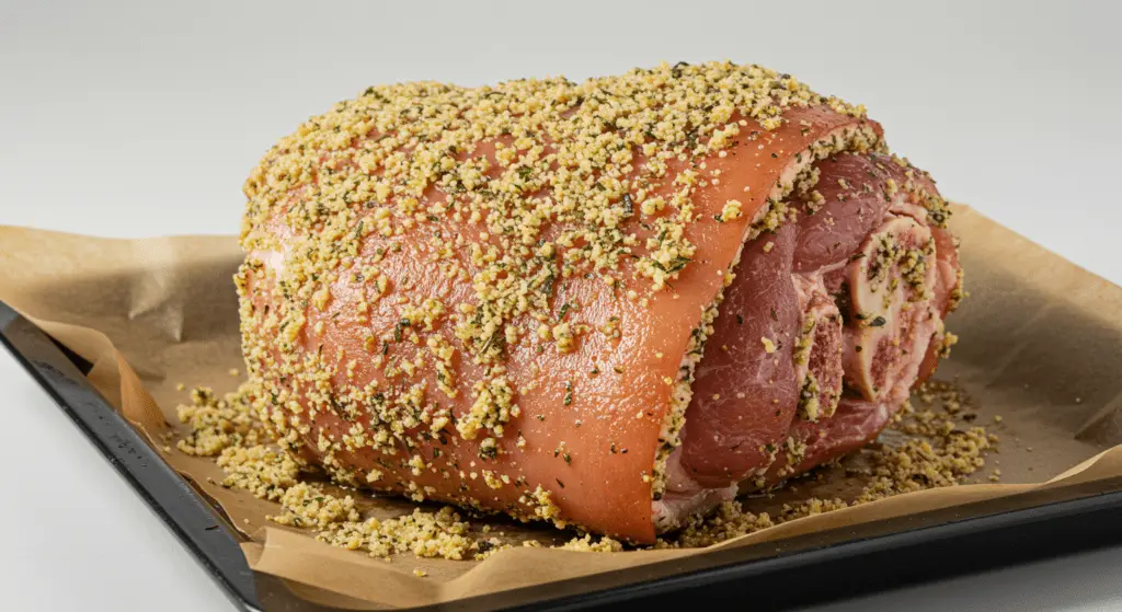 Schweinshaxe wird mit der Kräuter-Semmelbrösel-Mischung paniert für knusprige Kruste.