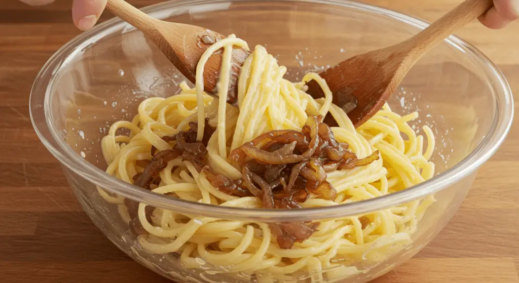 Gekochte Spätzle mit Käse und Zwiebeln werden vermischt für Käsespätzle Deluxe.