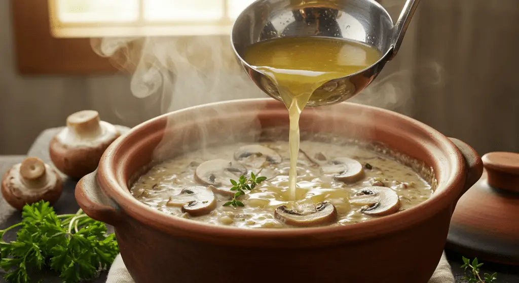 Sahne und Gemüsebrühe werden zu den Champignons gegeben für die Sahnige Champignonrahmsuppe der Träume.