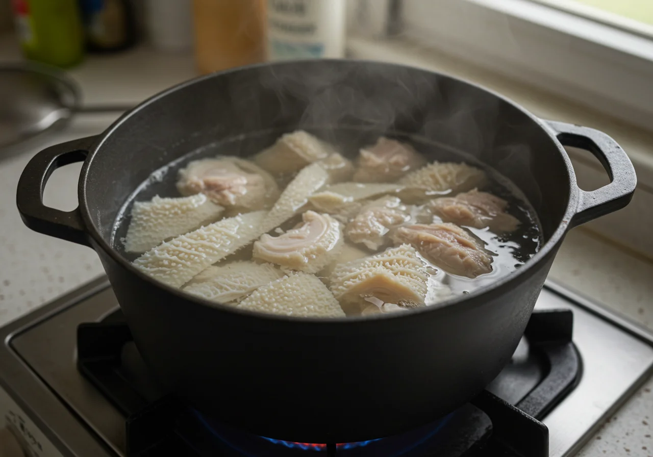 Kochen von Rinderkutteln in einem Topf mit Wasser für traditionelle Rinderkutteln.