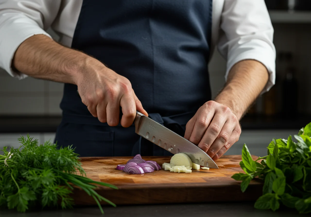 Zwiebeln und Knoblauch werden für traditionelle Rinderkutteln vorbereitet.