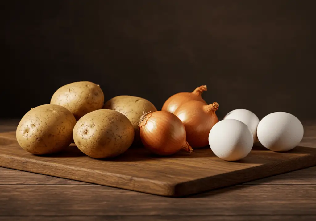 Frische Zutaten wie Kartoffeln, Zwiebeln und Eier für ein traditionelles Bauernfrühstück.