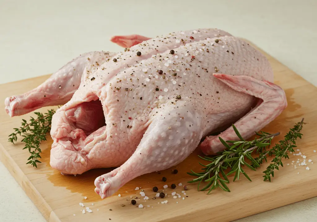 Gänsebraten vorbereitet mit Salz, Pfeffer und frischen Kräutern für eine winterliche Mahlzeit.