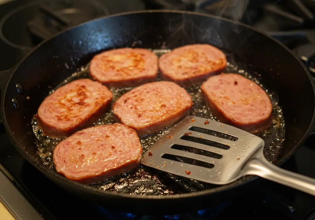 Leberkäse-Scheiben werden in der Pfanne knusprig gebraten für Leberkäsbrötchen.
