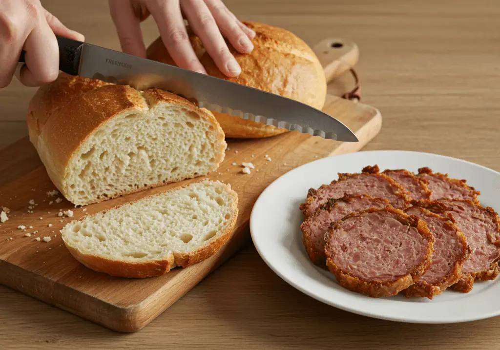 Brötchen wird aufgeschnitten für die Füllung mit gebratenem Leberkäse.