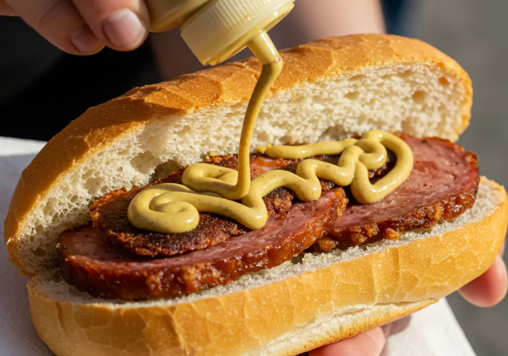 Würziger Senf wird über den gebratenen Leberkäse im Brötchen geträufelt.