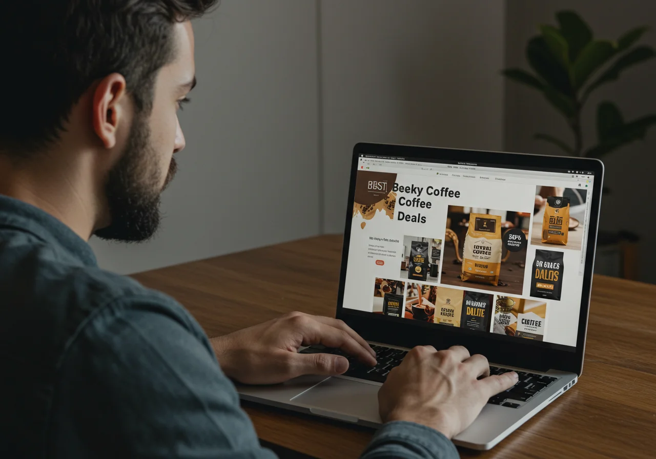 Online-Recherche nach Lavazza Kaffee Angeboten diese Woche auf einem Laptop.