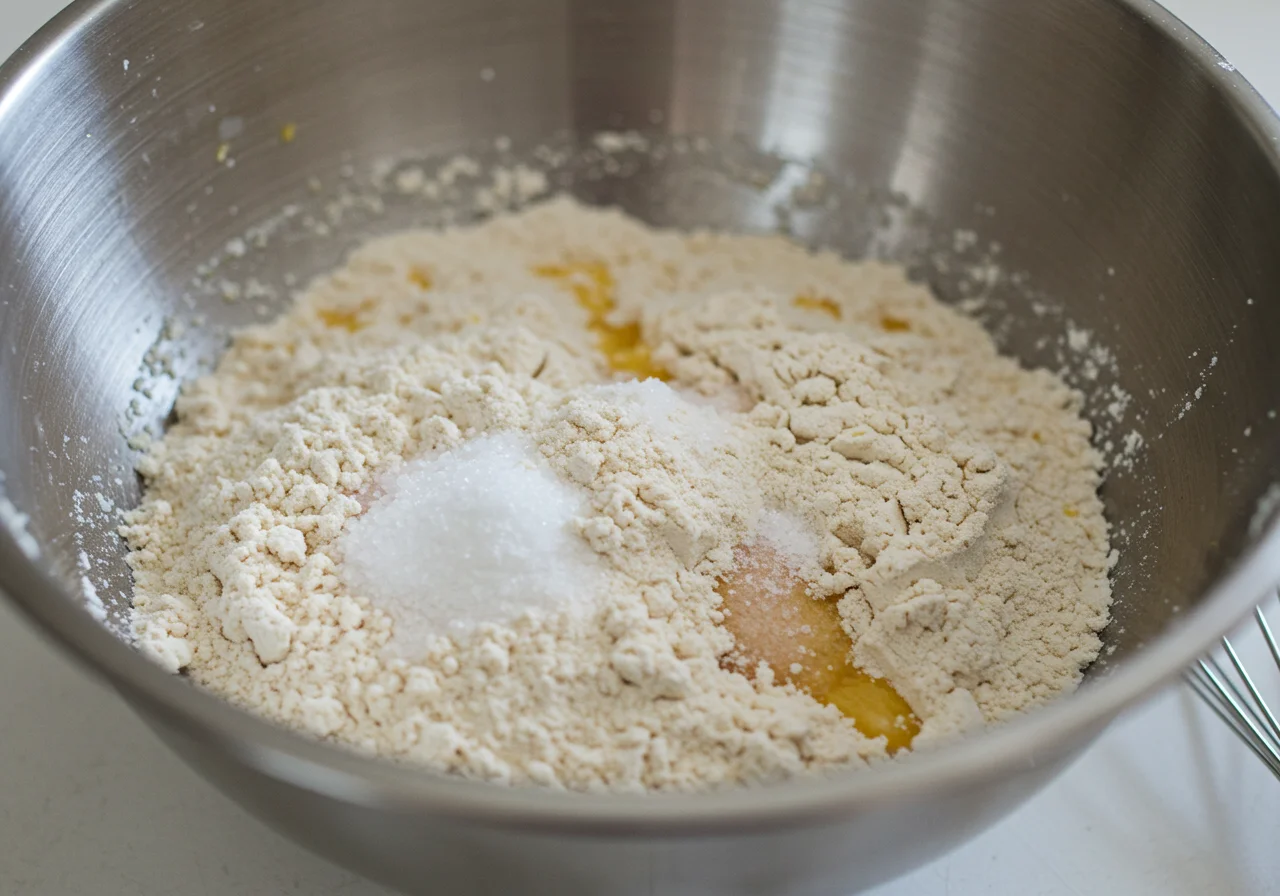 Zutaten für Belgische Waffeln mit heiße Kirschen, einschließlich Mehl, Zucker und Backpulver.