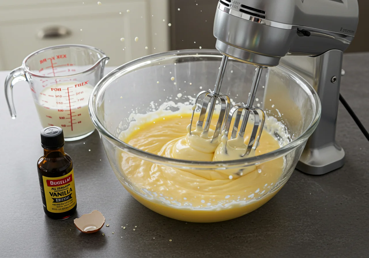 Eier und Milch werden mit einem Mixer für Belgische Waffeln kombiniert.