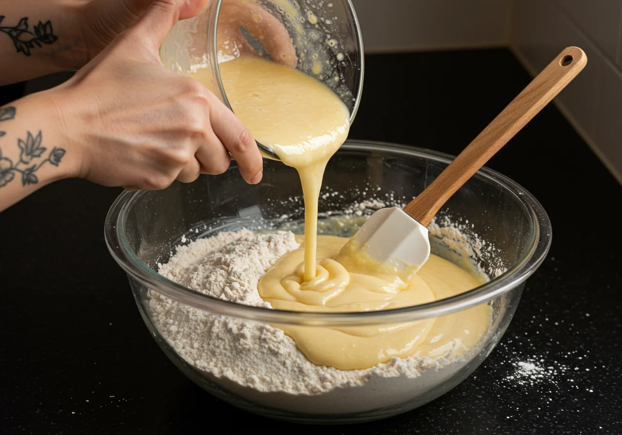 Gegensätzliche Mischung für Belgische Waffeln, feuchte Zutaten werden in die trockenen Zutaten gegossen.