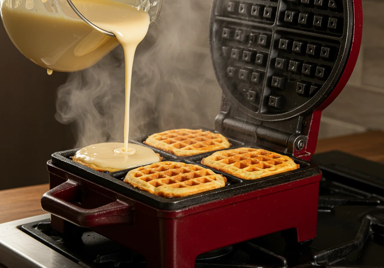 Belgische Waffeln werden in einem Waffeleisen gebacken, während der Dampf aufsteigt.