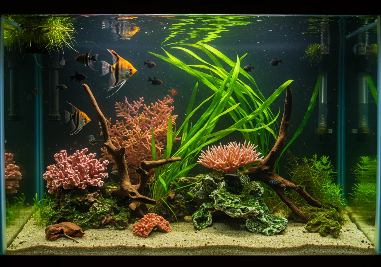 Famoses Süßwasser-Aquarium mit einer Vielzahl von Fischen und üppigen Pflanzen.
