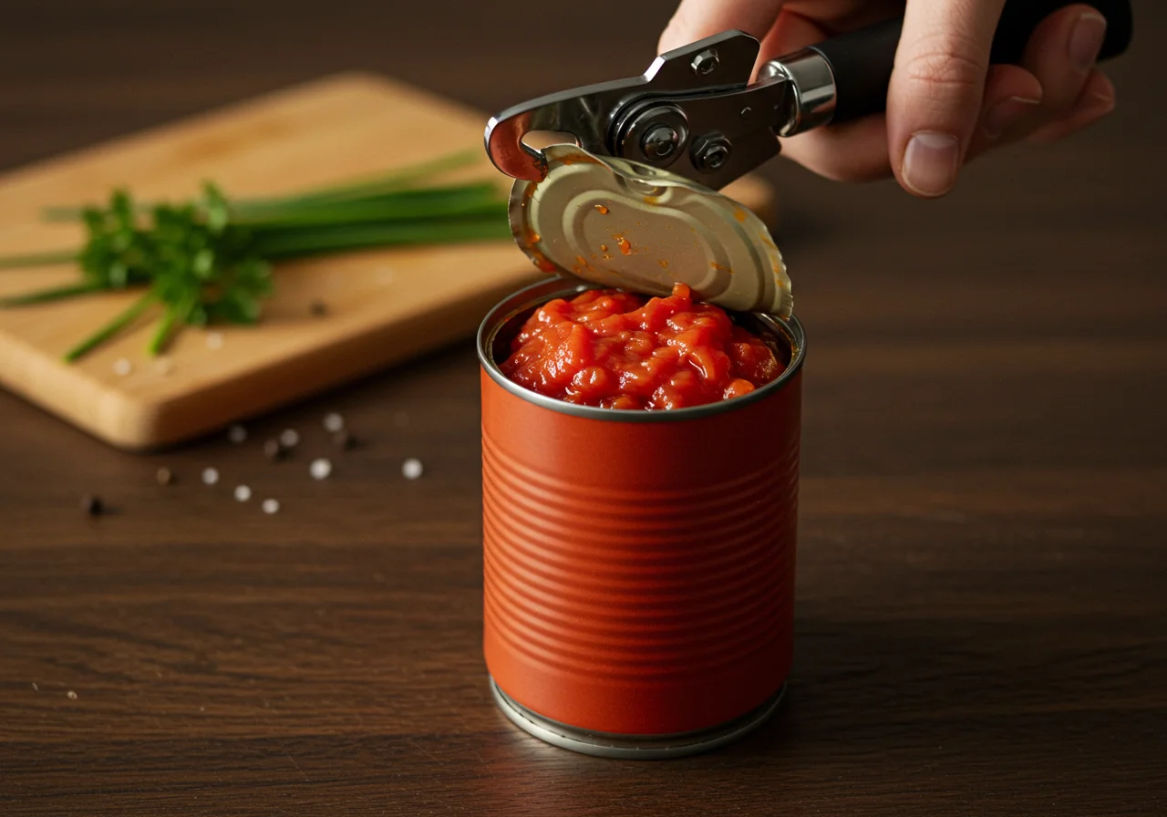 Eine Dose passierte Tomaten wird geöffnet, um die beste Tomatensauce zu machen.