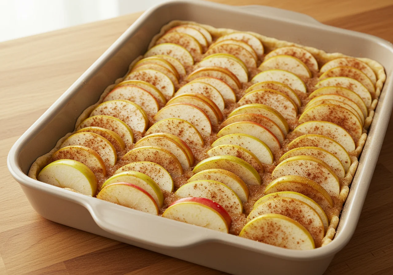 Geschichteter Apfelkuchen mit Marzipan und Zimt, bereit für den Ofen.
