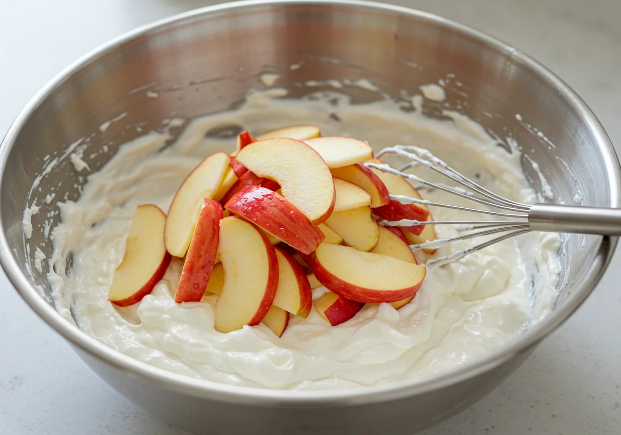 Apfelstücke auf der Quarkmischung für das Rezept des Erdbeer Quark Kuchens.