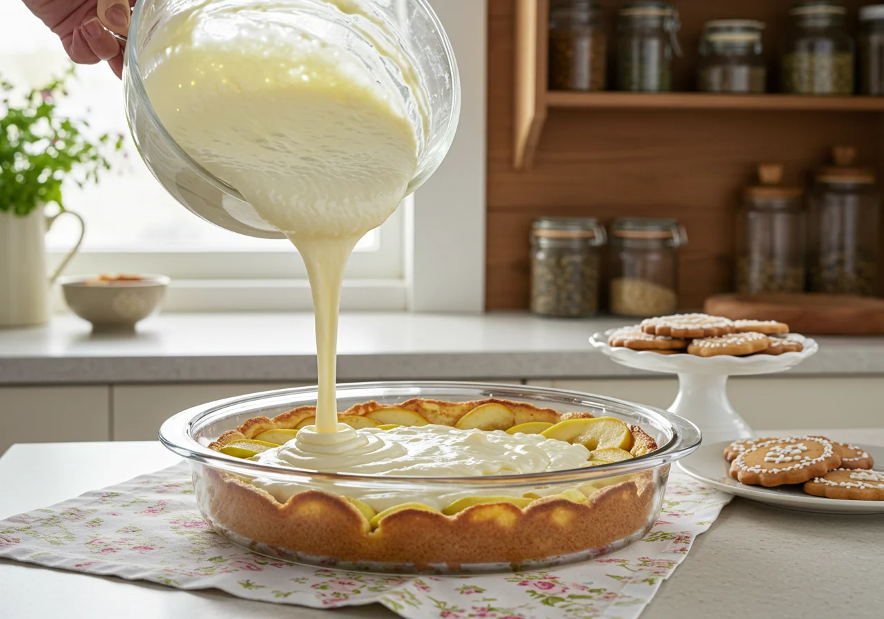 Gebackene Quark-Apfel-Mischung in eine Form für den besten Quarkkuchen.