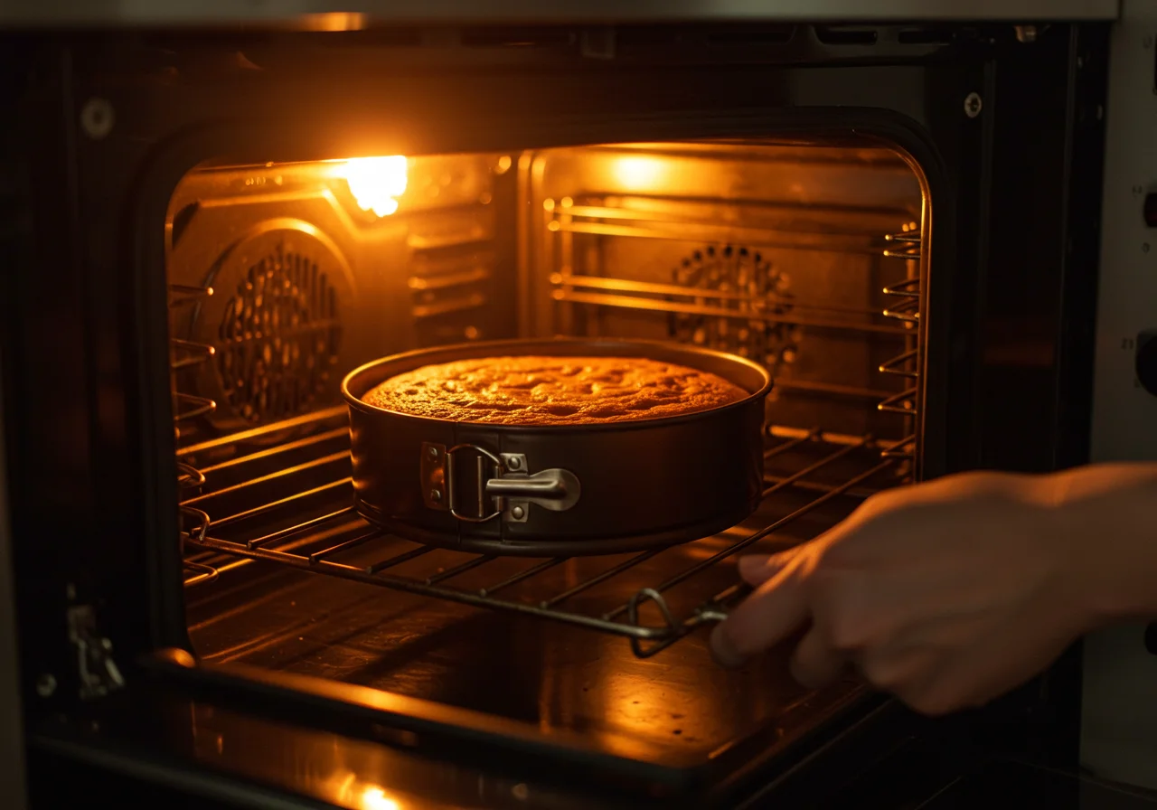 Kuchenform mit Teig im Ofen platziert für das beste Kuchen Rezept für Anfänger.