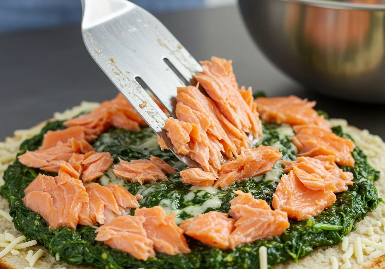 Flaked salmon added to the creamy spinach mixture for lachs lasagne mit spinat.