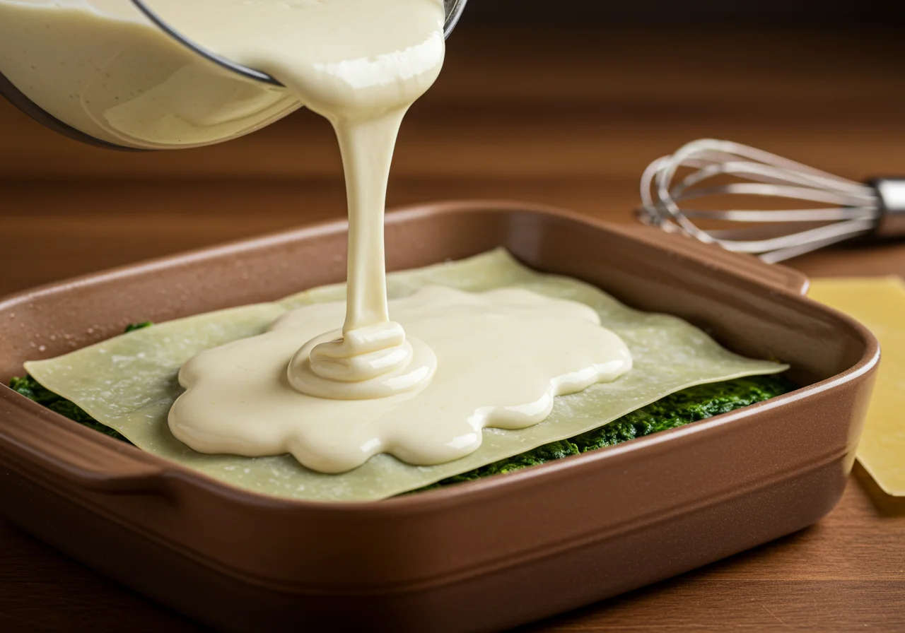 Creamy béchamel sauce being added to the layers of lachs lasagne for a rich flavor.
