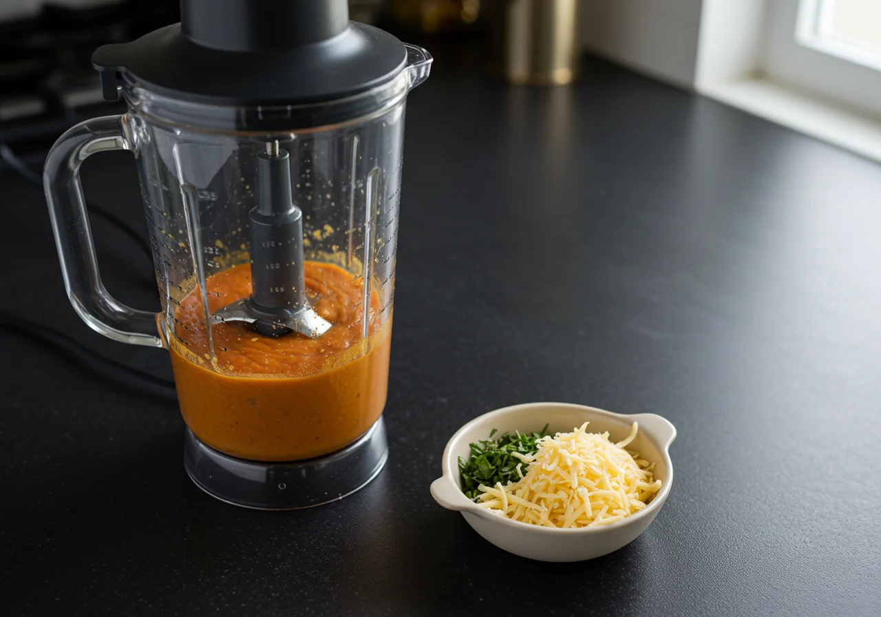 Blending the mixture for cremige Lauch Suppe mit Kartoffeln with cheese and herbs.