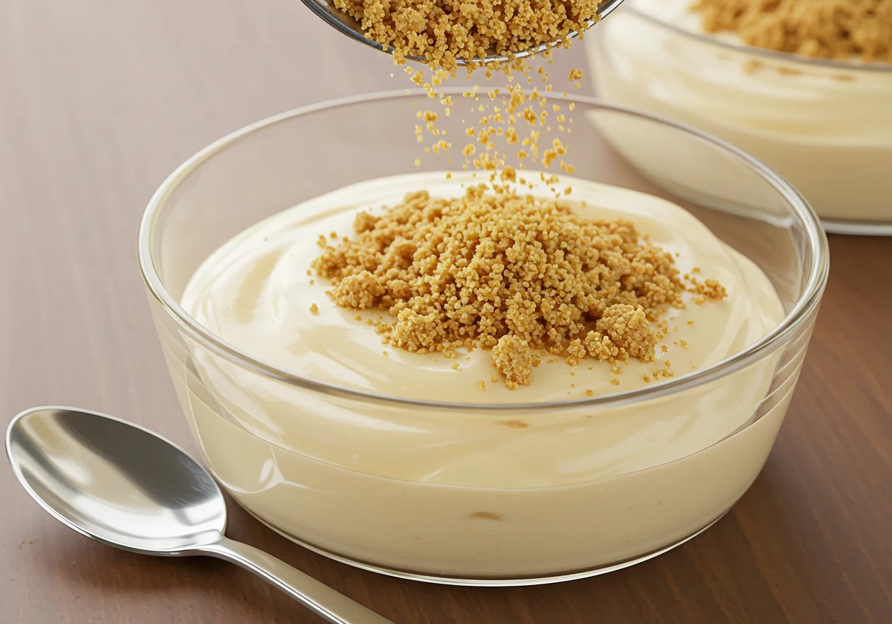 Filling a glass dish with creamy kirsch pudding for delicious kirsch pudding streuselkuchen.