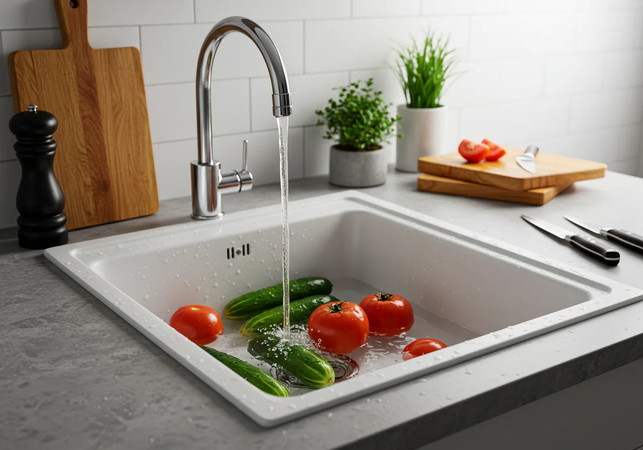 Gurken und Tomaten werden gewaschen für den einfachen Gurken mit Tomaten Salat.