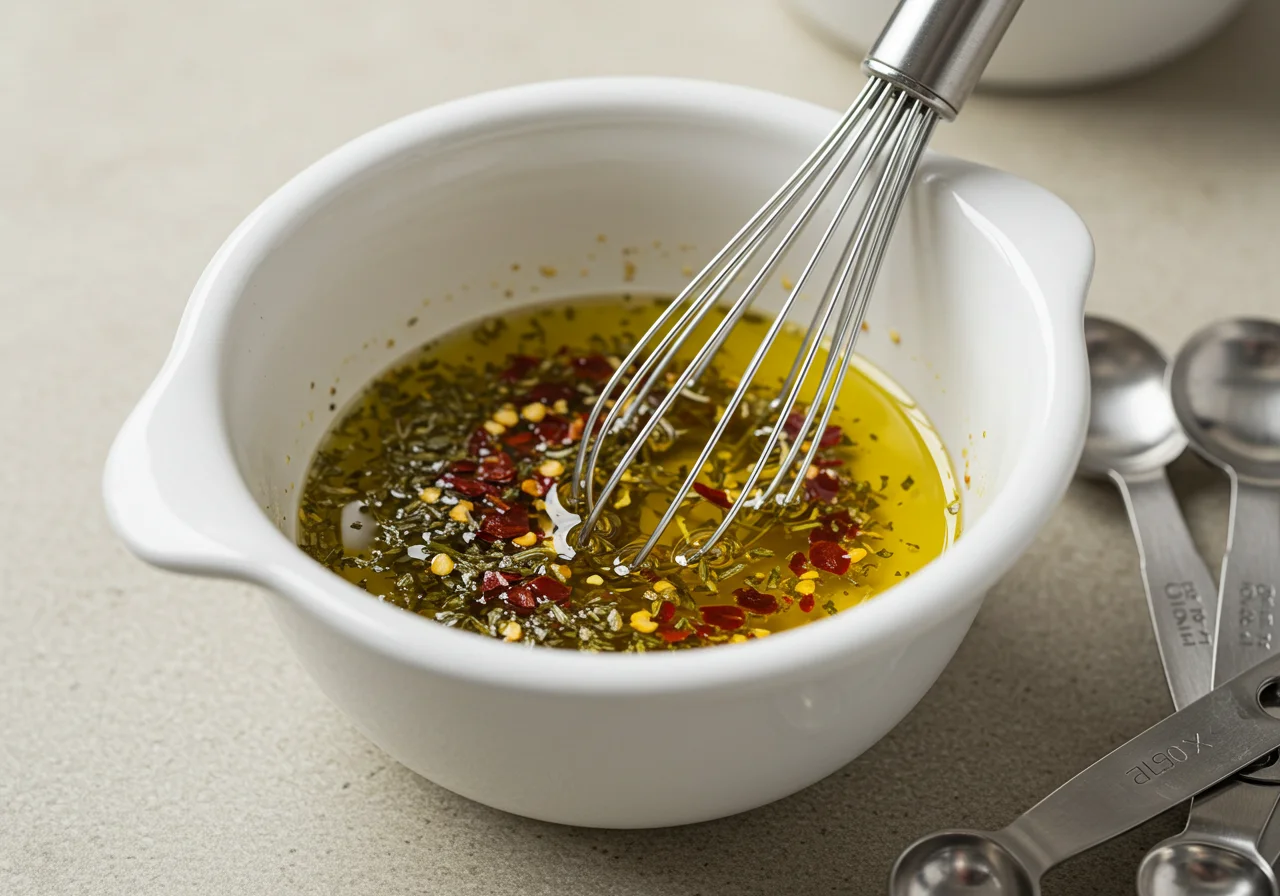 Dressing ingredients being mixed for the feta tomaten salat to enhance the flavors.