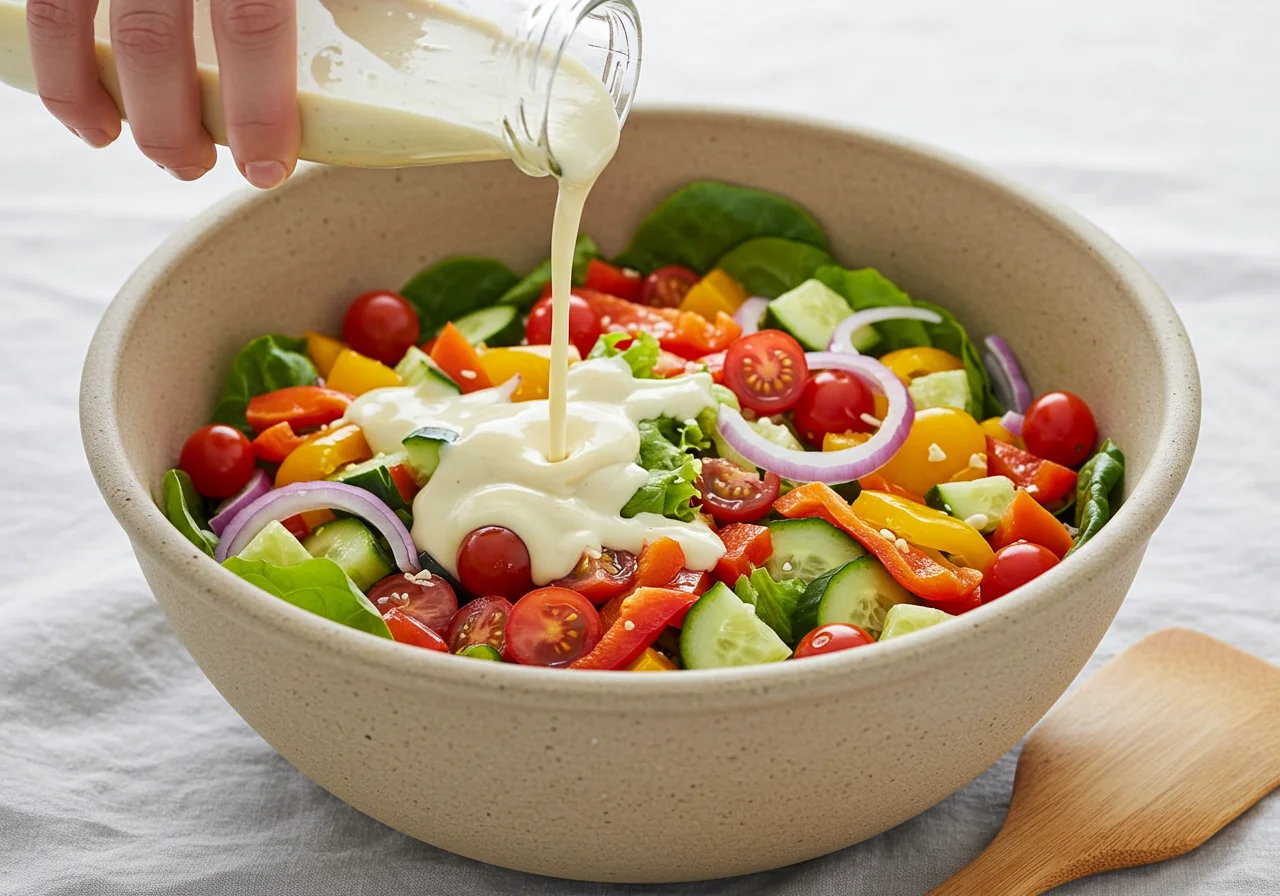 Dressing added to the fresh cucumber and tomato salad for a delicious einfaches Rezept.