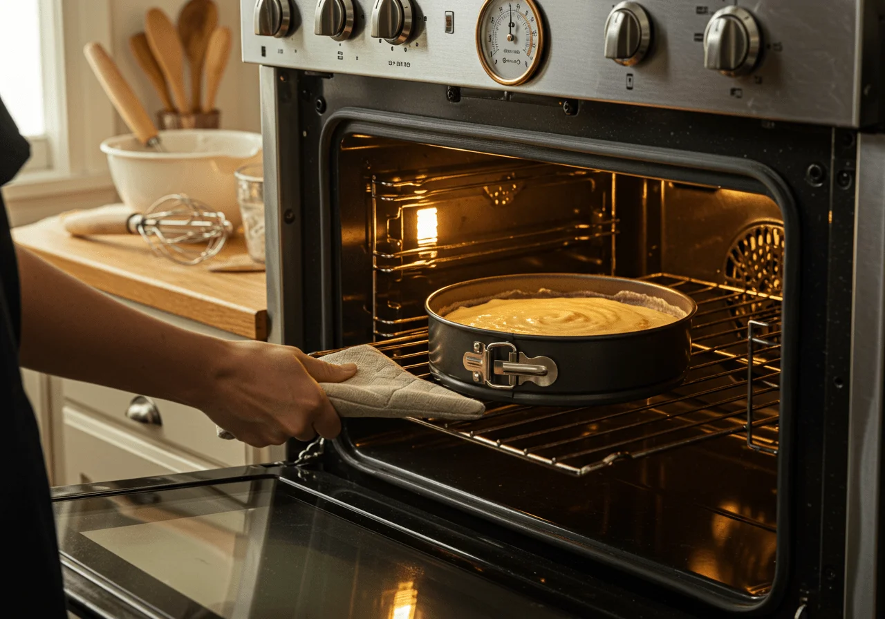 Kuchenform mit Quarkteig im Ofen für das einfache Rezept für Kuchen Anfänger.