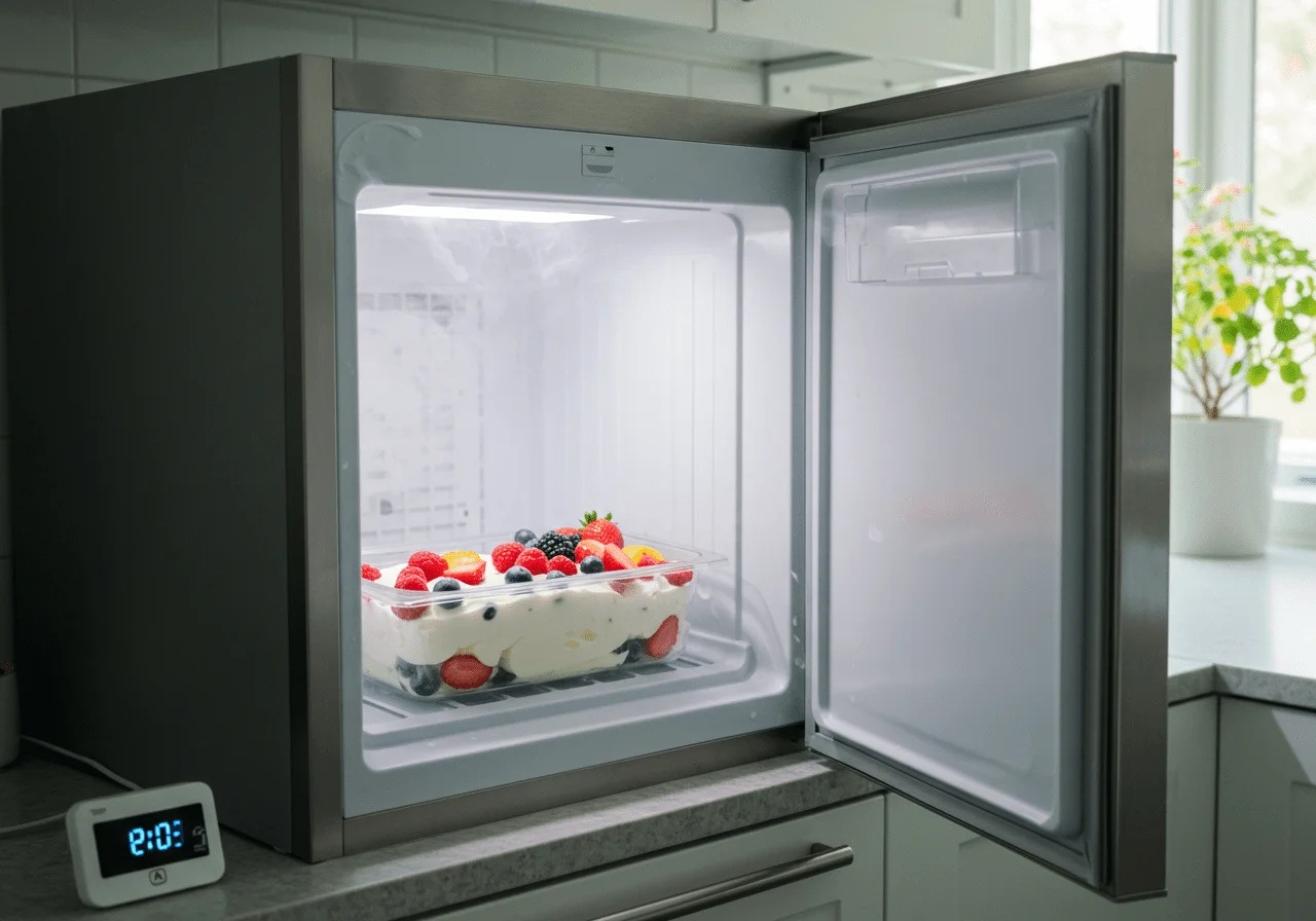 Form mit Joghurt Mischung im Gefrierfach für selbstgemachtes Eis.