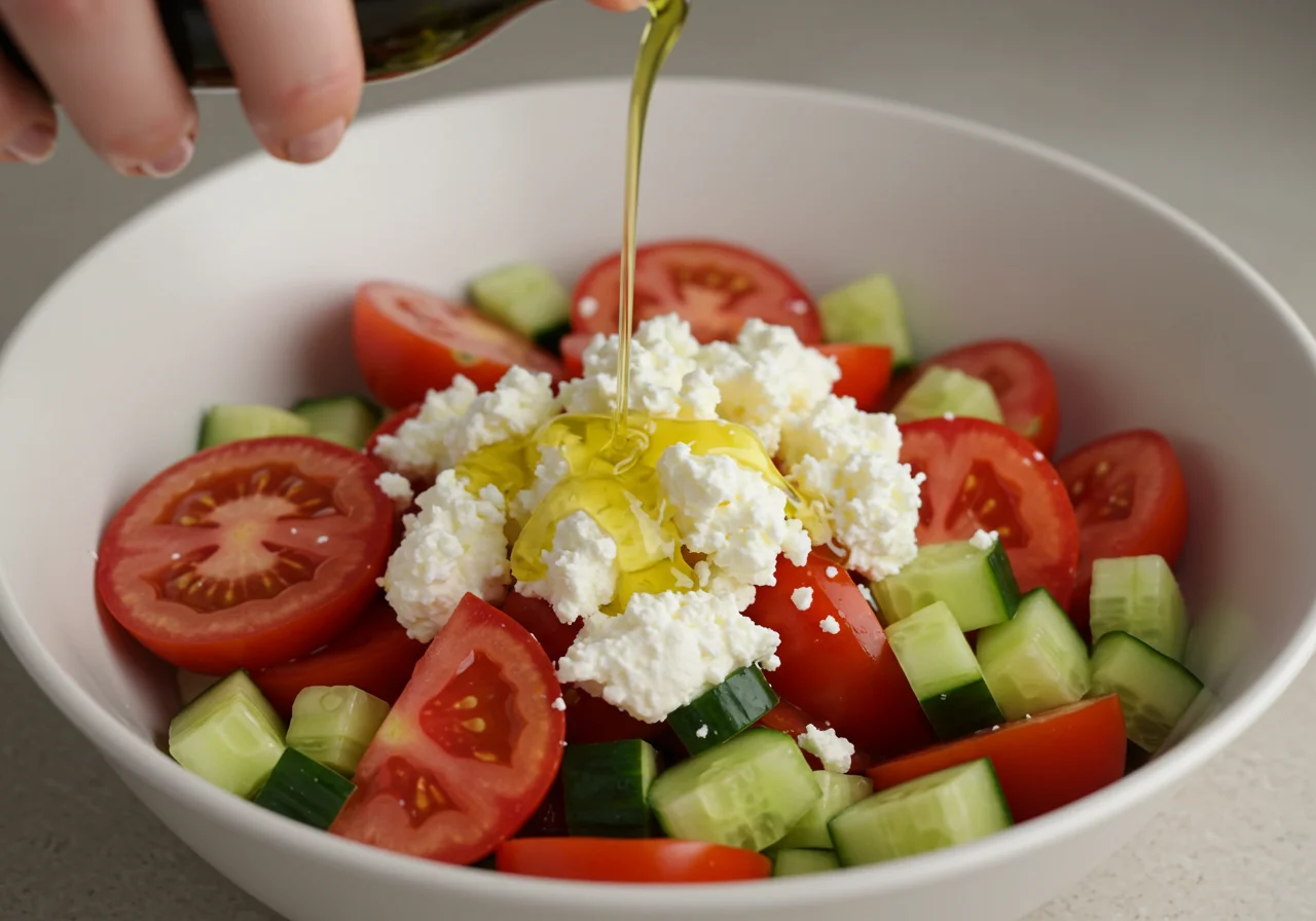 Feta Käse wird zu Tomaten Gurken Salat mit Olive Öl hinzugefügt für mehr Geschmack.