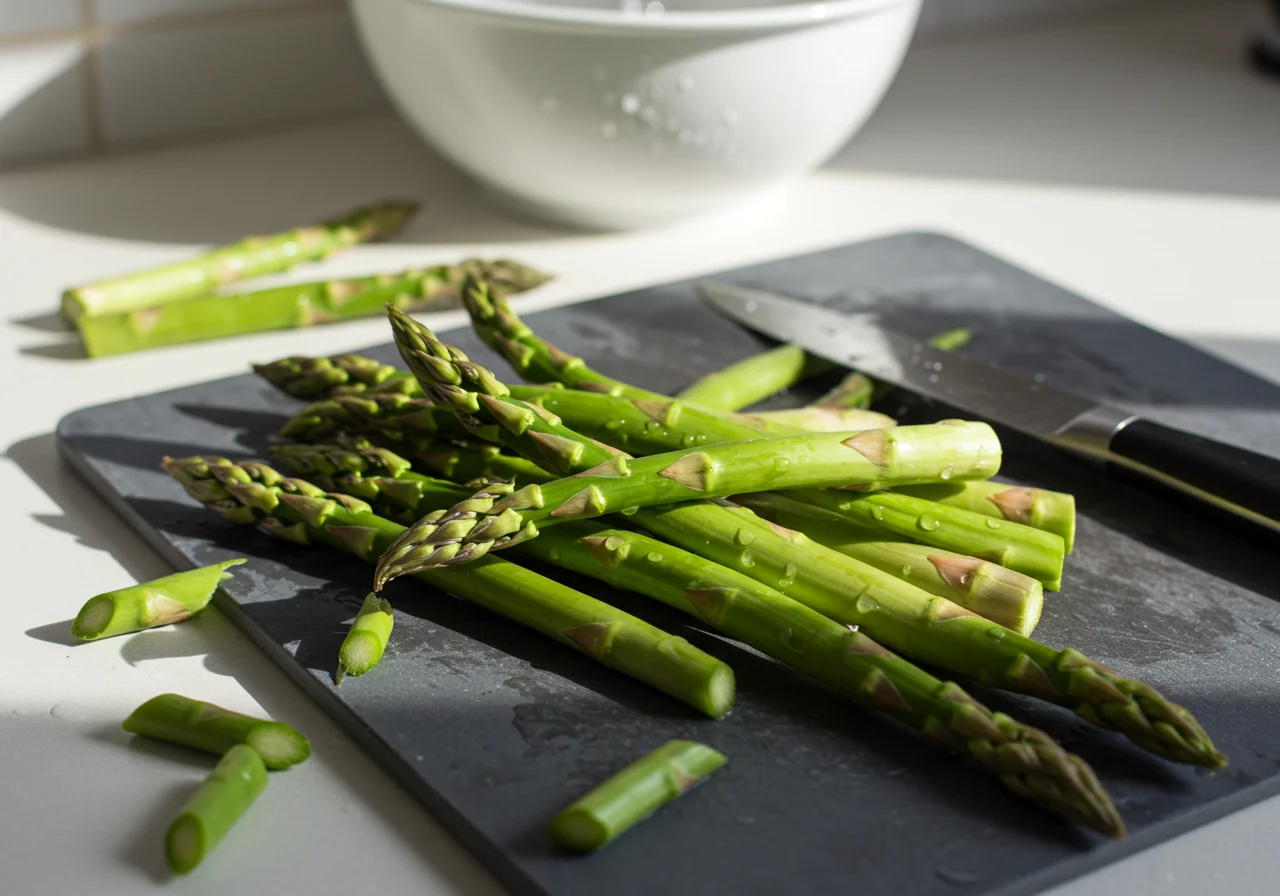Frischer grüner Spargel wird für das Rezept Spargel mit Lachs vorbereitet.