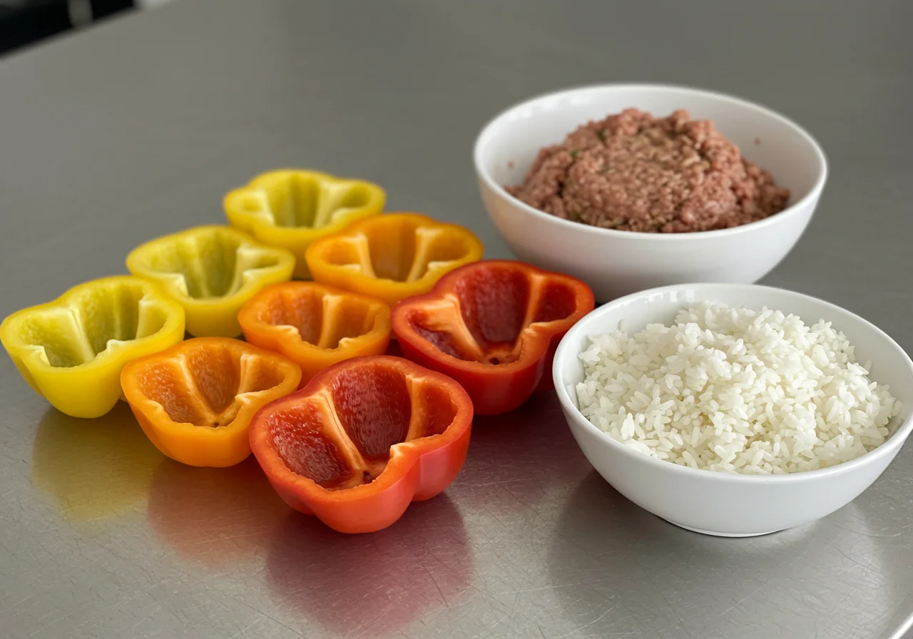 Halved bell peppers ready for stuffing with ground meat and rice in gefüllte paprika mit hackfleisch und reis recipe.
