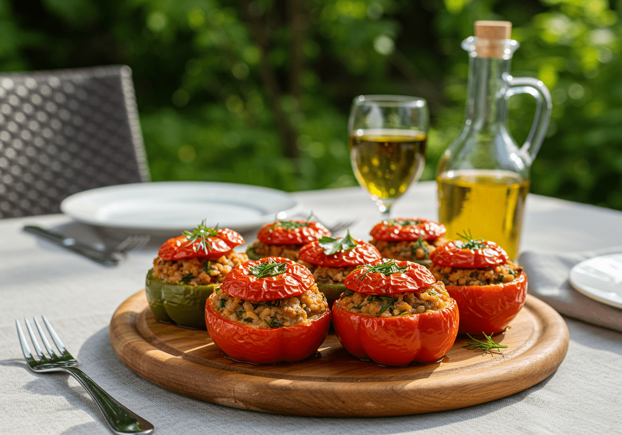 Fertige gefüllte Paprika mit Feta, ein köstliches vegetarisches Gericht zum Genießen.