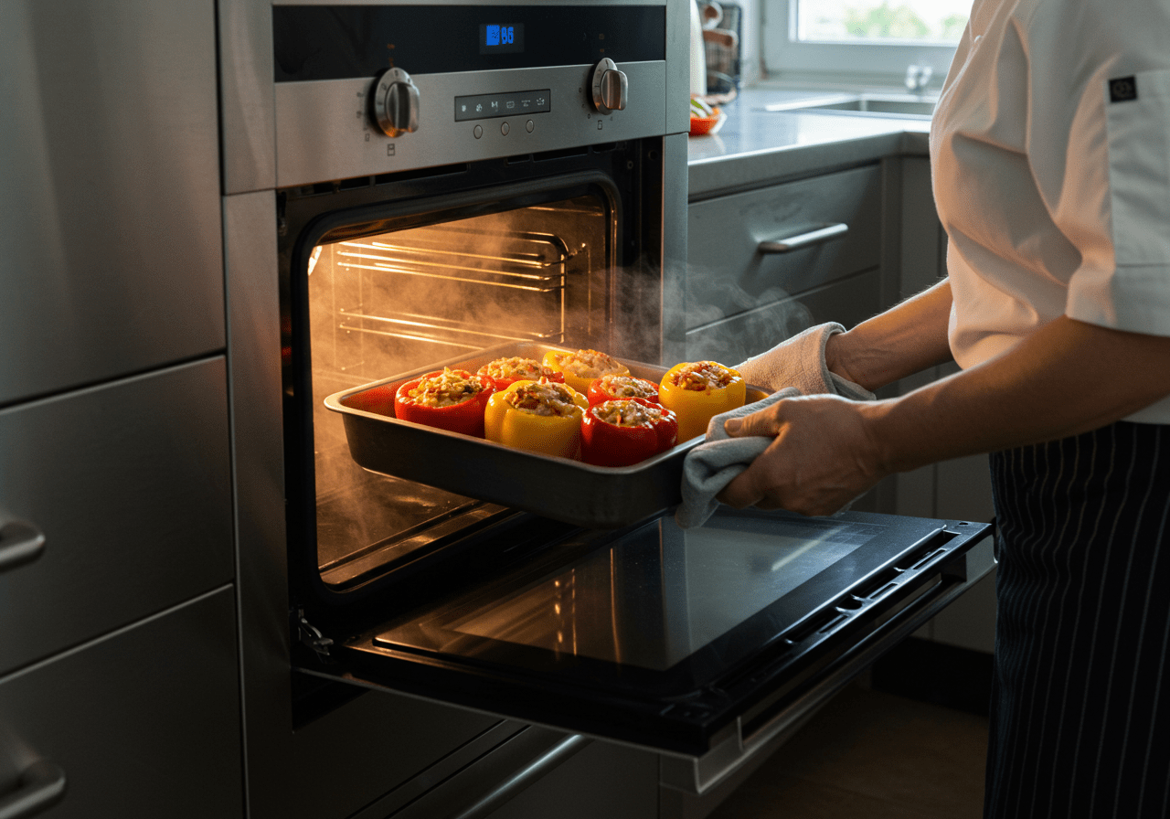 Gefüllte Paprika mit Feta und Couscous in den Ofen geschoben zum Backen.