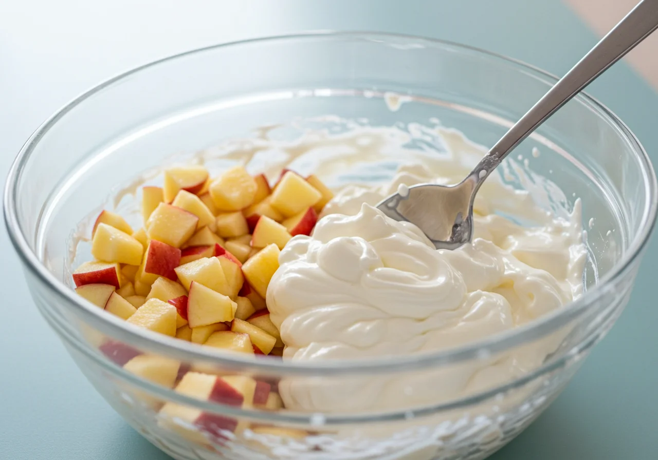 Vermischung von Quark und Äpfeln für den gesunden Apfel Quark Auflauf.