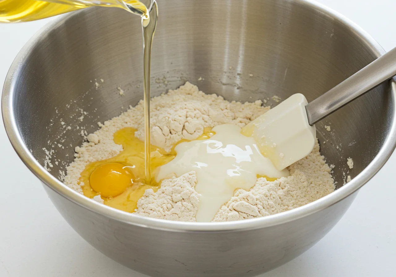Flüssige Zutaten werden zu trockenen Zutaten für glutenfreier Kuchen Rezept hinzugefügt.
