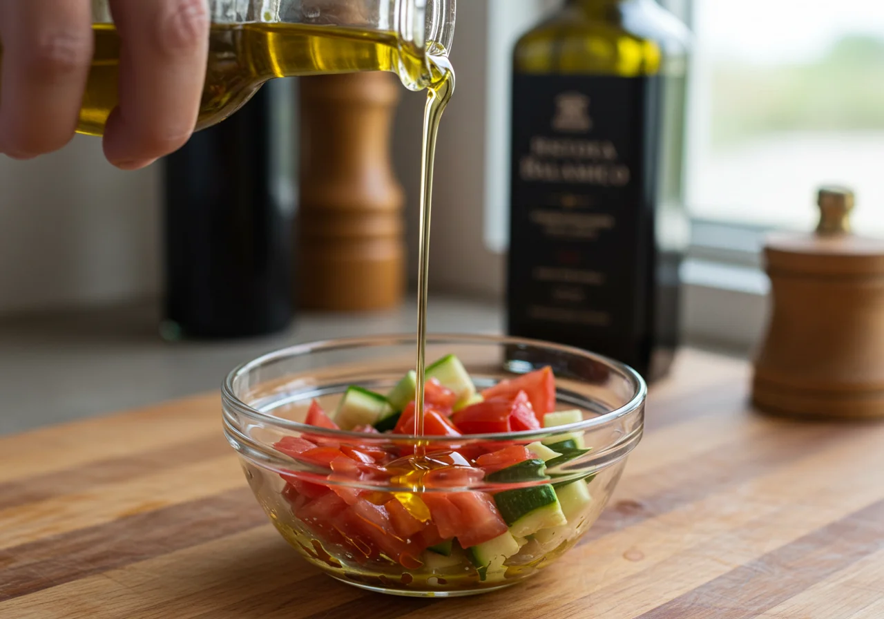 Olivenöl wird über den griechischen Feta Salat gegossen.